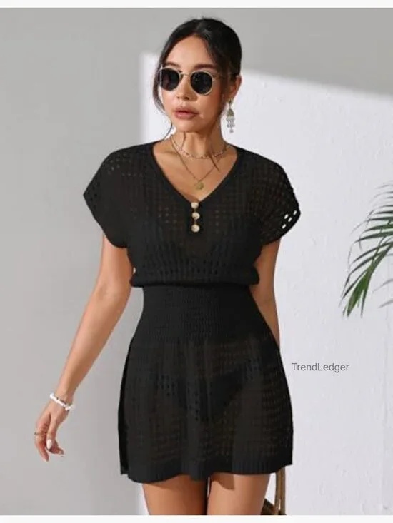 Crochet Mesh Cover Up Mini Dress V Neck Beach Vacation Swimsuit - Picture 2 of 7